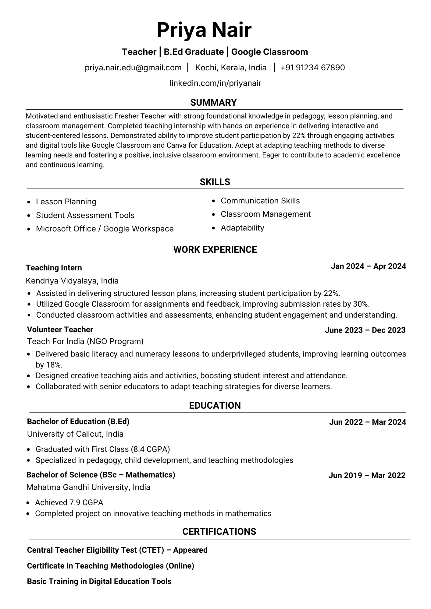 Entry-level fresher resume sample