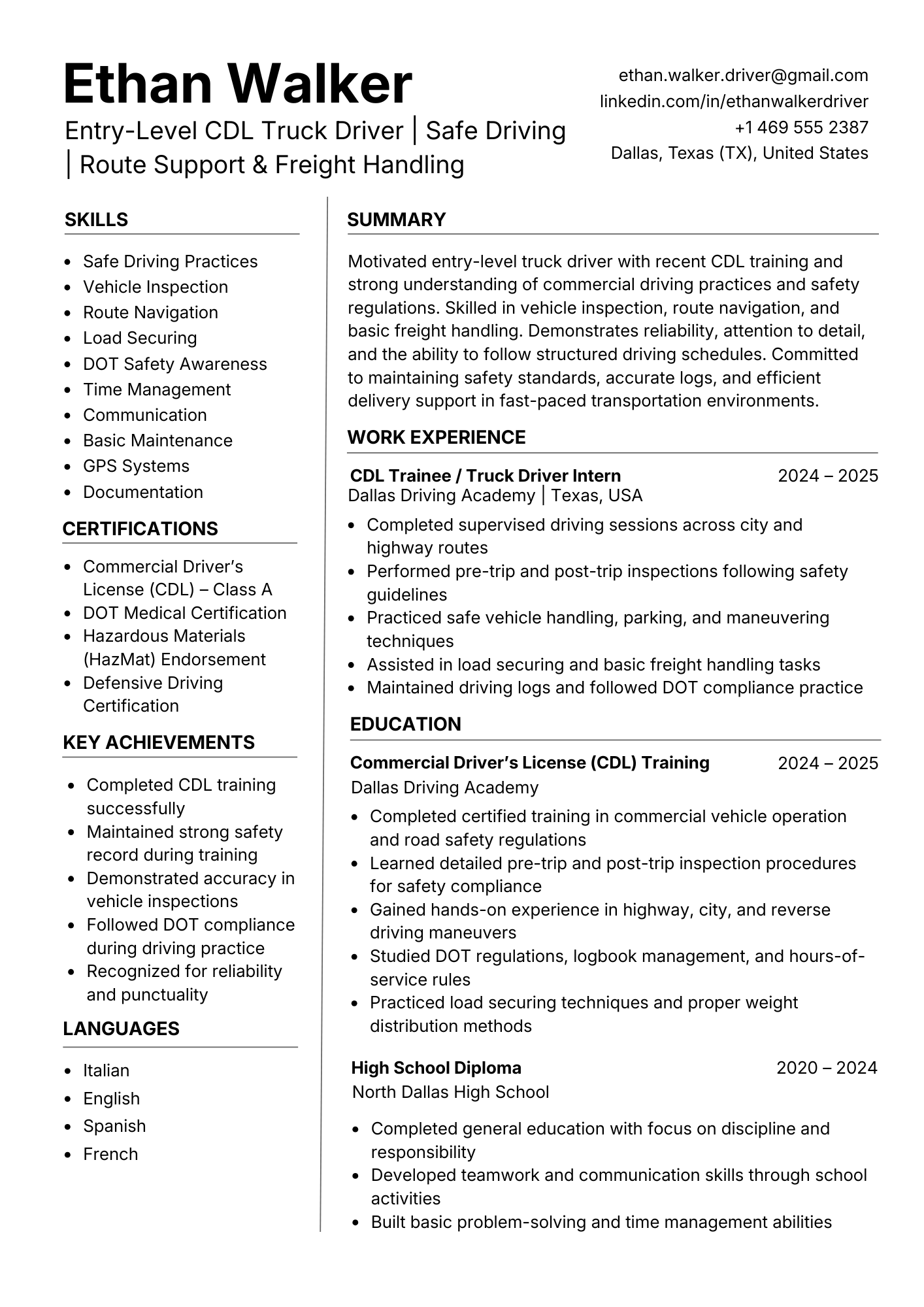 Fresher driver resume sample