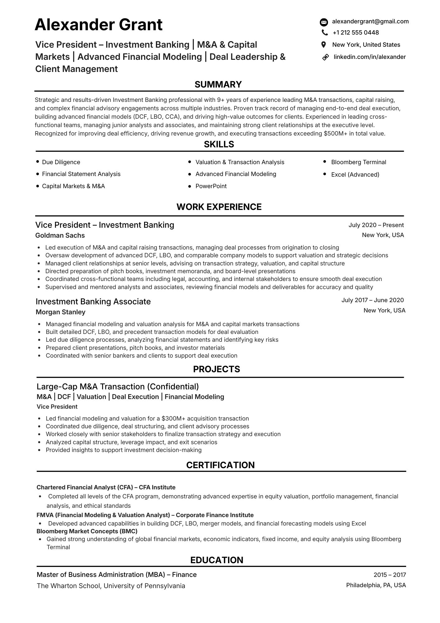 M&A analyst resume sample