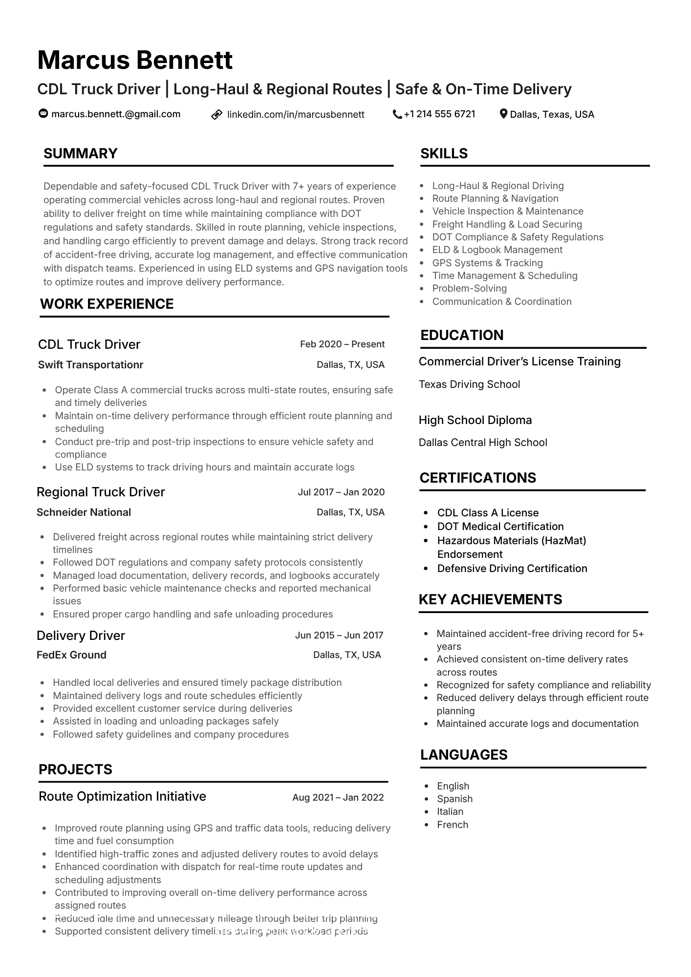 Truck driver resume sample preview  -  ATS-friendly, single column, standard headings