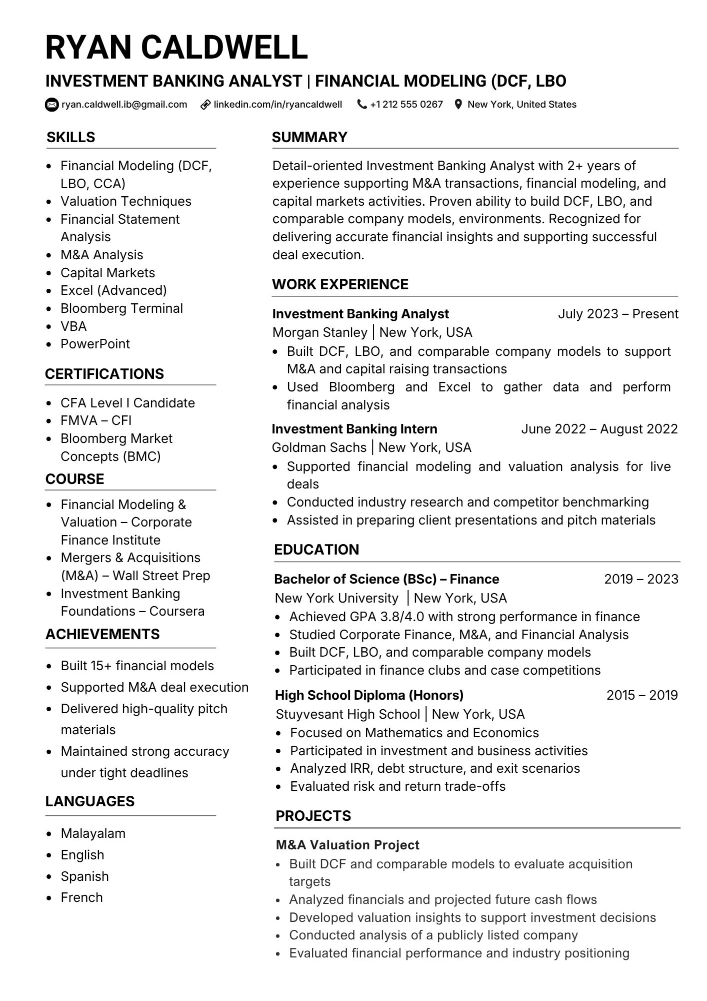 Two-column sidebar investment banking resume sample