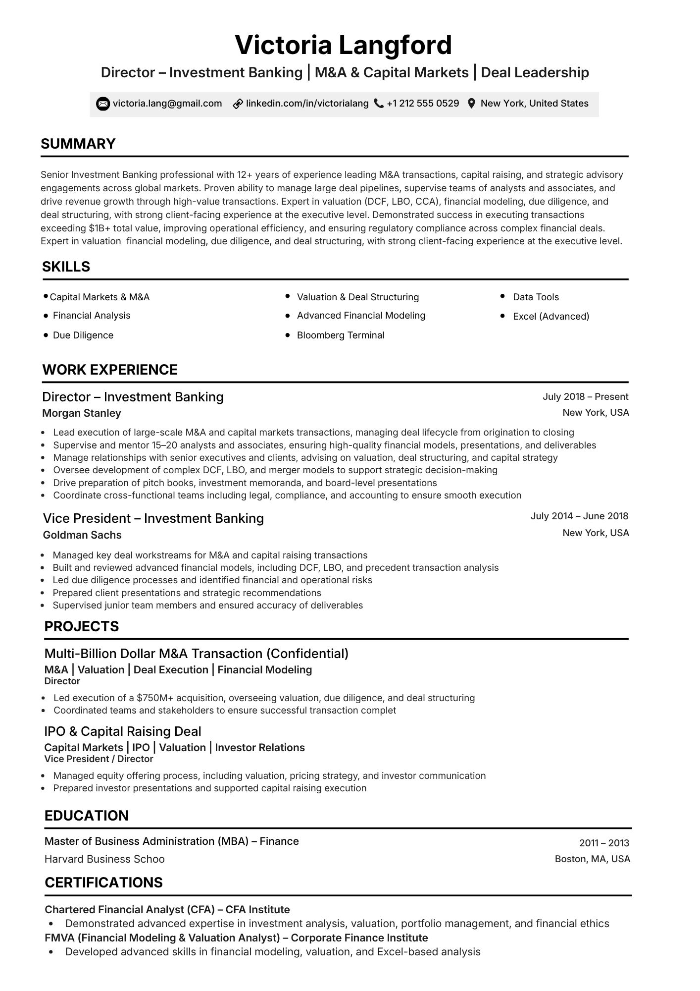Senior investment banking resume sample
