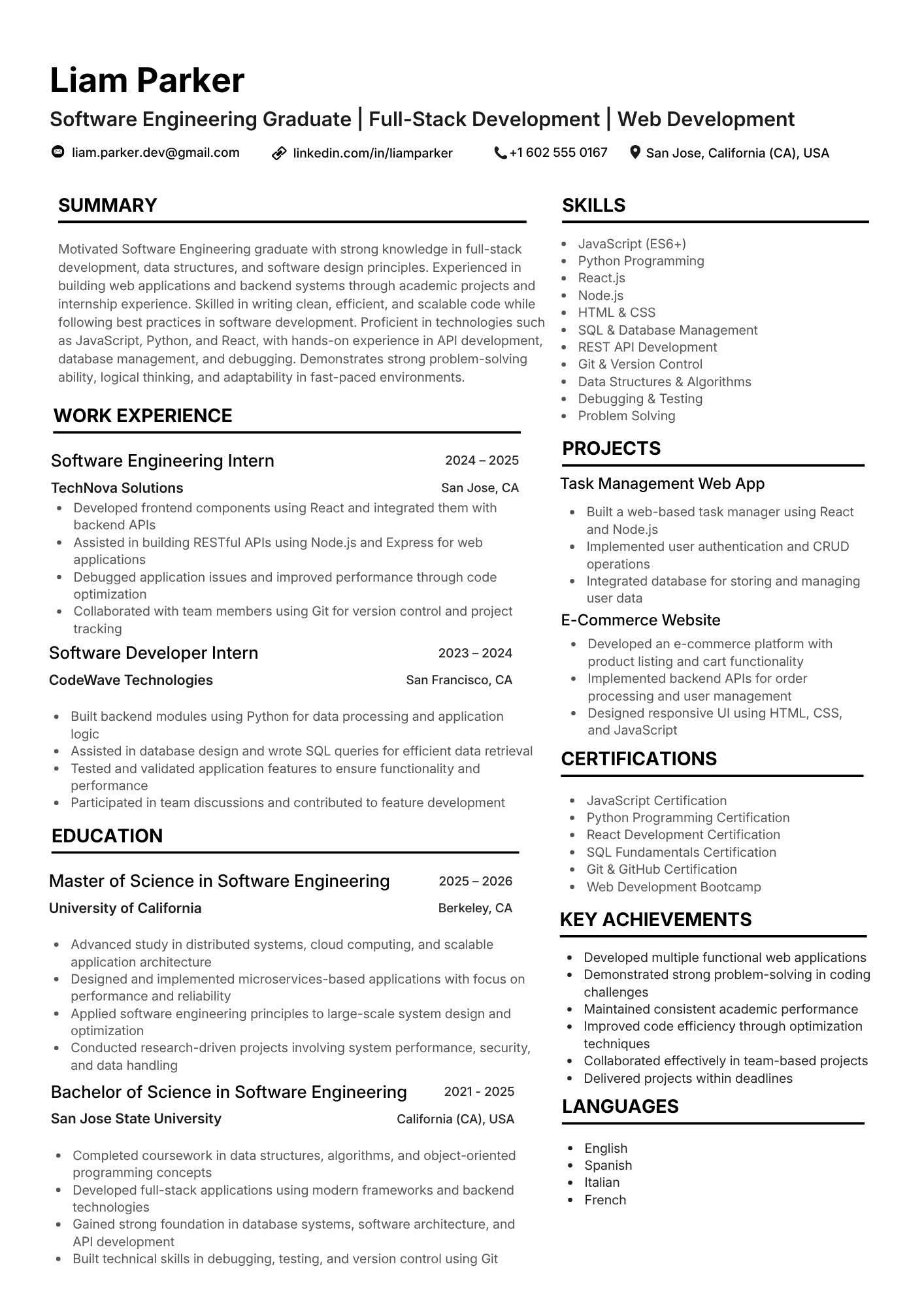 Project focused fresher resume sample