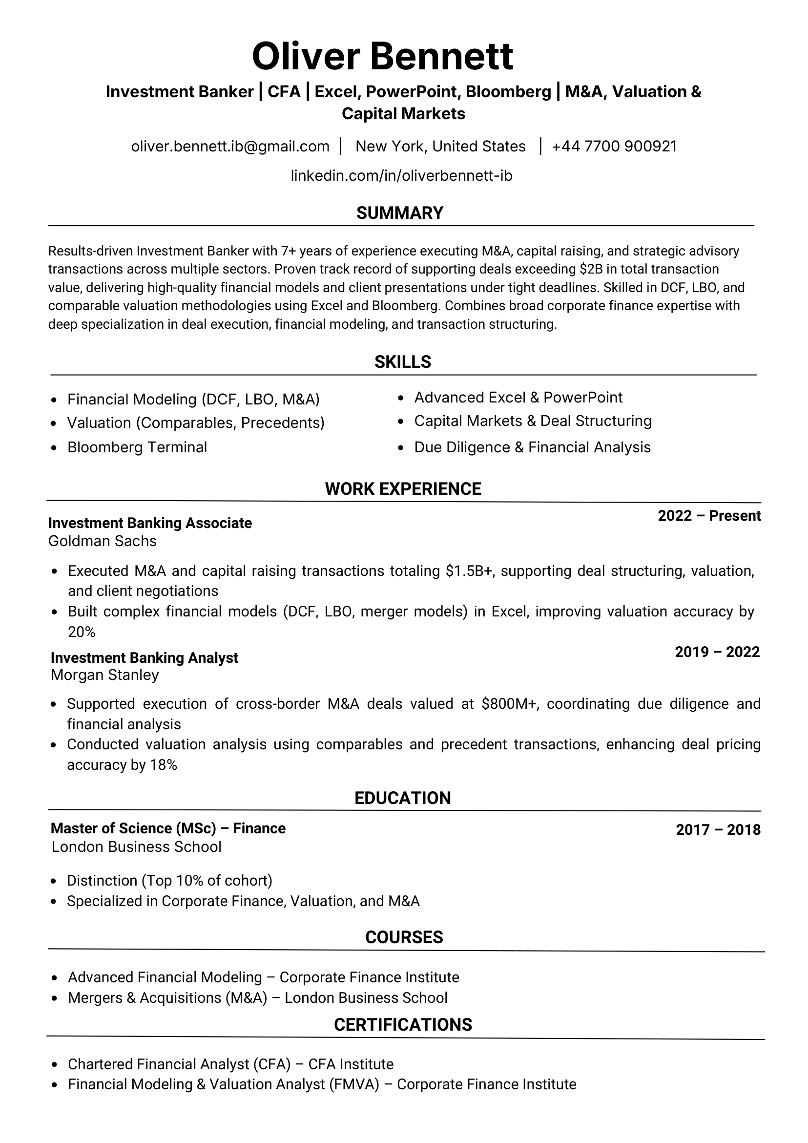 Monochrome investment banking resume sample