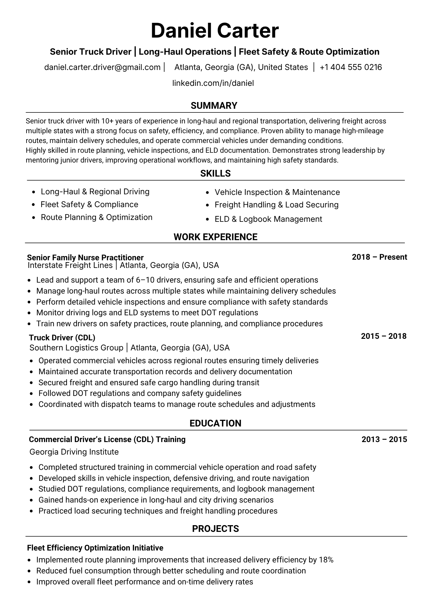 Long Haul truck driver resume sample