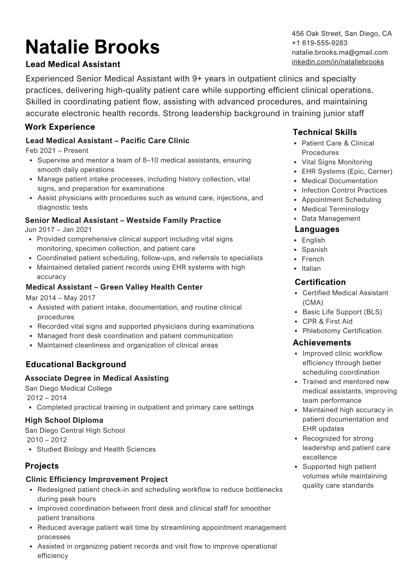 Senior MA resume sample