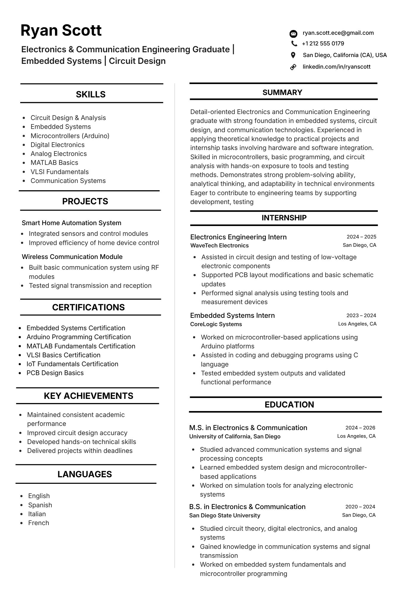 Two-column sidebar fresher resume sample