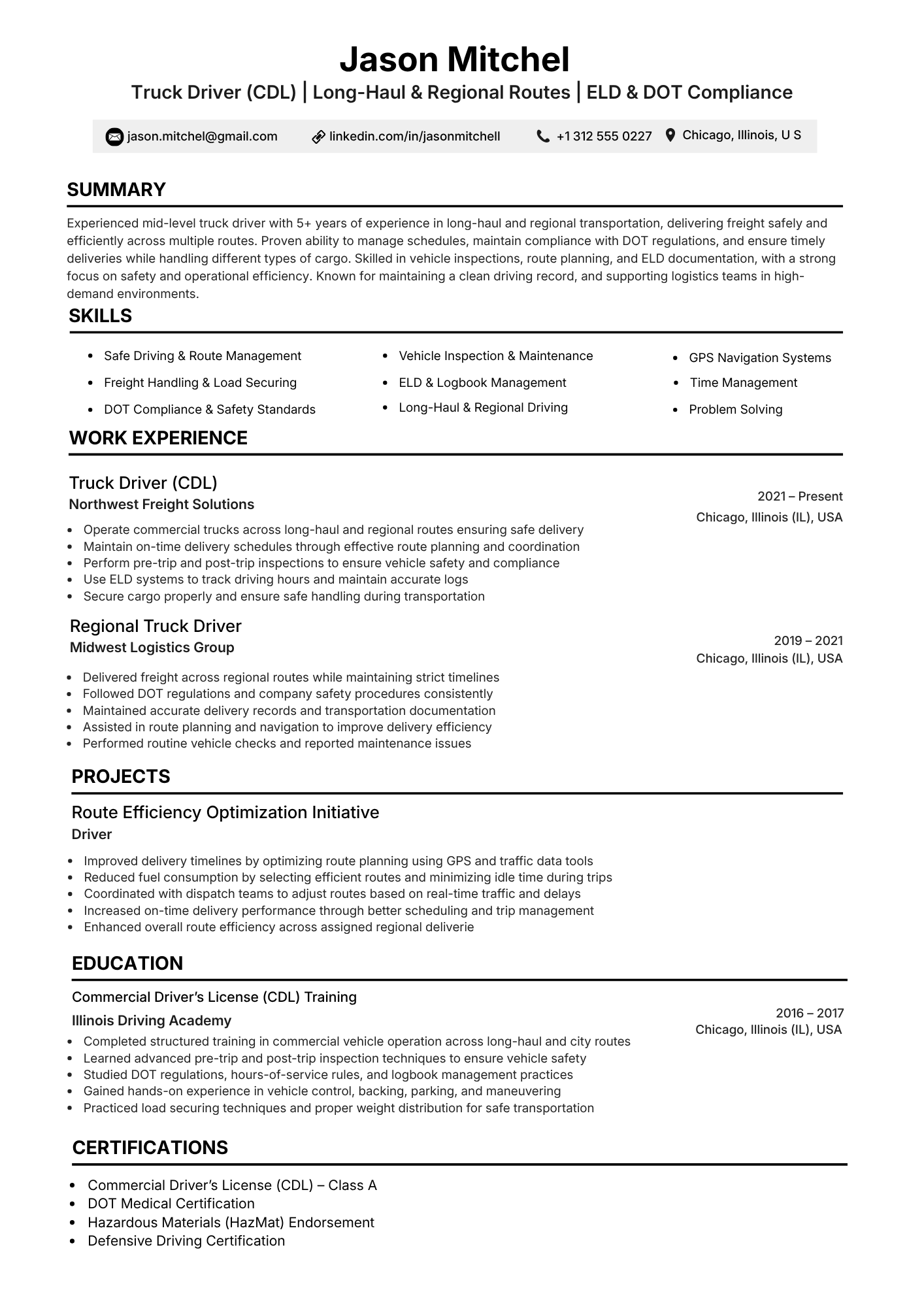 Monochrome truck driver resume sample