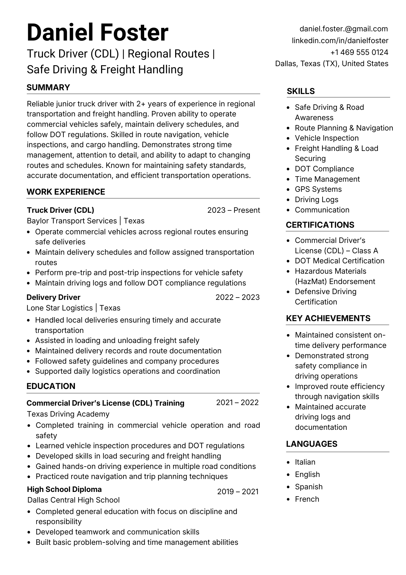 Local Delivery driver resume sample
